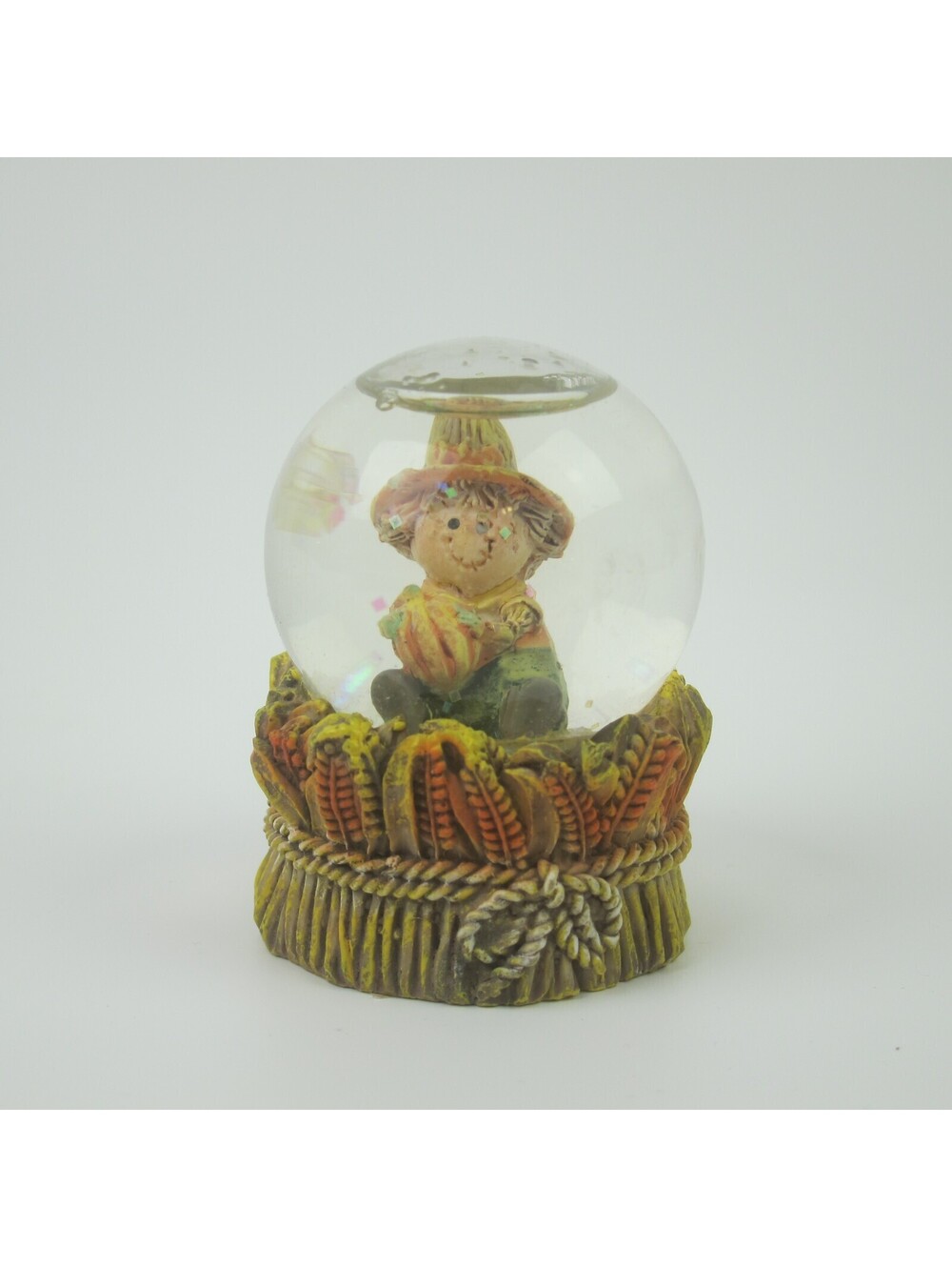 Vintage Fall Harvest Mini Snow Globe Boy Pumpkin Straw Hat Thanksgiving Decor